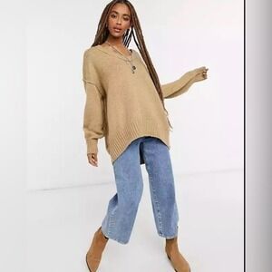 Free People Womens Large Oversized‎ V-Neck Chunky Knit Sweater Tan Boho Slouchy